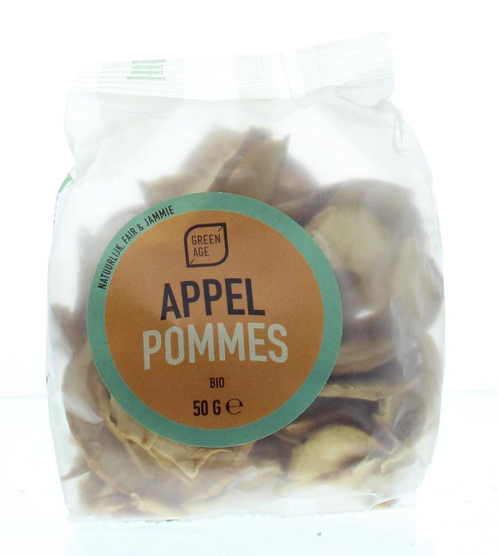 Greenage Bio Apple Chips in a 50g package, healthy snack with sliced dried green apples on a white background.