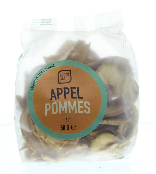Greenage Bio Apple Chips in a 50g package, healthy snack with sliced dried green apples on a white background.