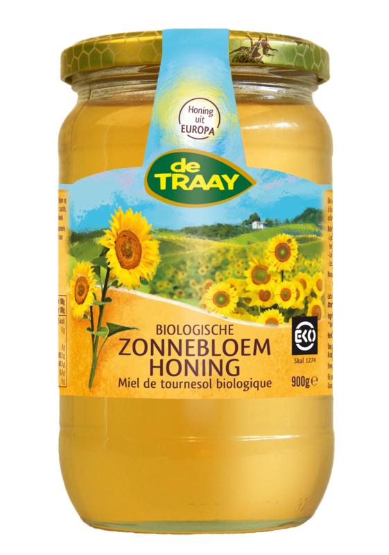 de Traay organic sunflower honey cream jar, 900 grams, showing the smooth honey inside the clear glass container