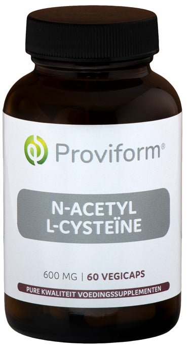 Proviform N-Acetyl L-Cysteine 600mg vegetarian capsules, dietary supplement, showing capsules in a bottle on a white background.