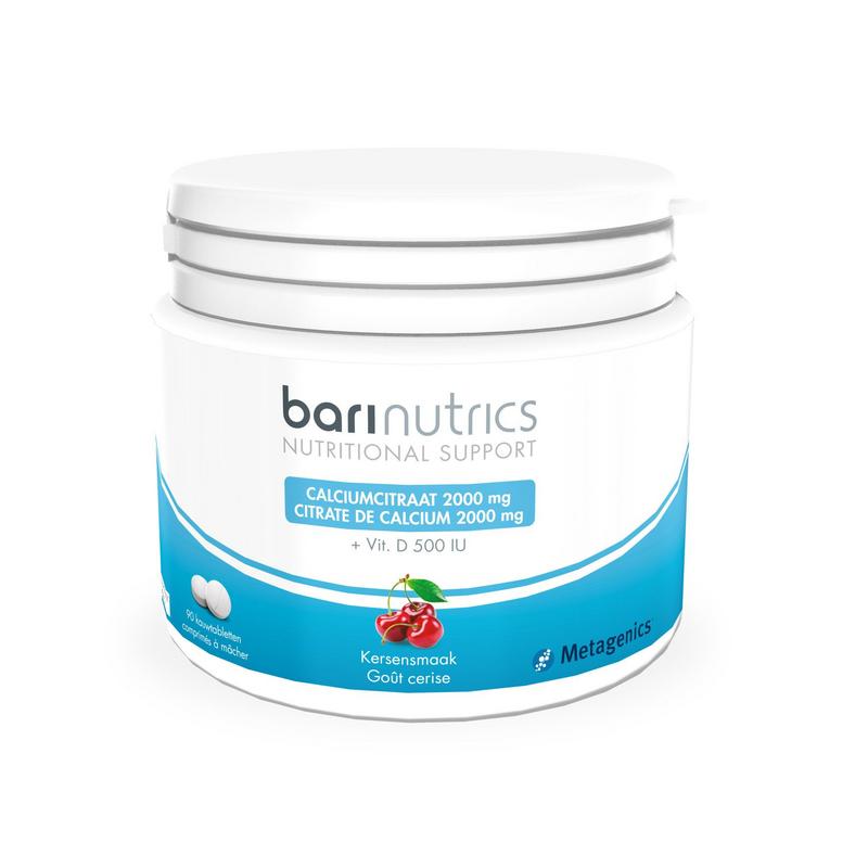 Barinutrics Calciumcitraat citrus mineral supplement in a bottle of 90 tablets, featuring orange-flavored calcium citrate tablets.