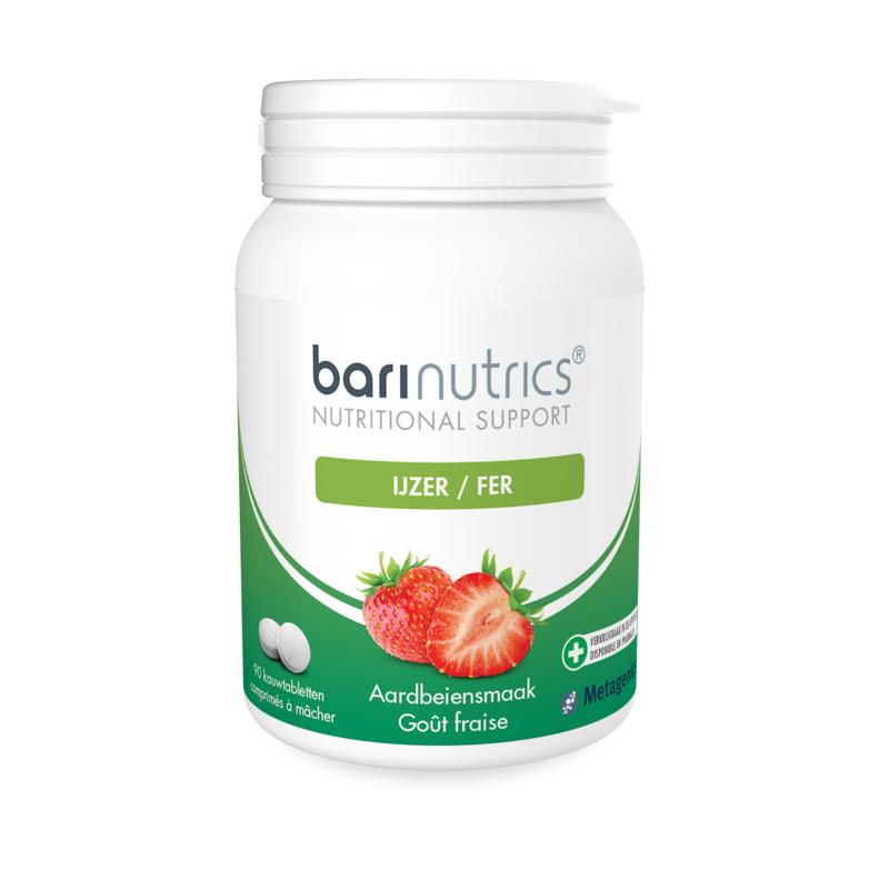 Barinutrics IJzer aardbei mineralen tabletten container with 90 tablets, showing the pink flavored iron supplement packaging.
