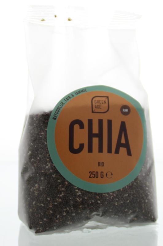 Greenage bio chia seeds in a 250g package, raw superfood with green and brown chia seeds visible in a clear container.