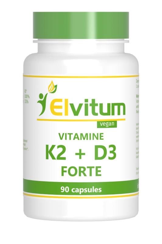 Elvitum Vitamin K2 + D3 forte vegetarian capsules bottle, close-up of the supplement container with capsules visible inside.