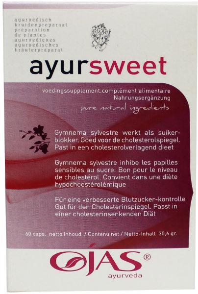 Ojas Ayursweet 60 vegetarian herbal capsules in a clear bottle, showing the capsules inside.