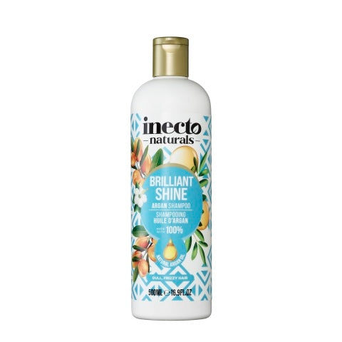 Inecto Naturals Argan shampoo bottle, 500ml, with a focus on natural hair care and argan oil ingredients.