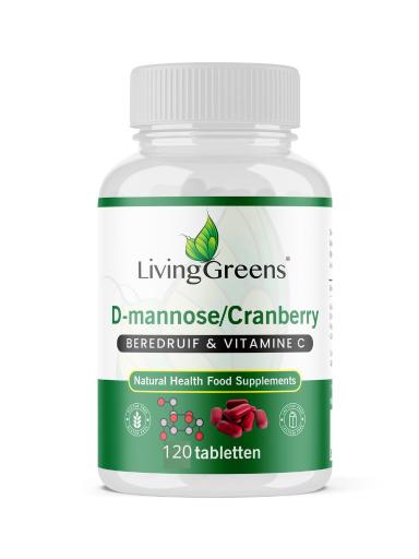 Livinggreens Cranberry met D-Mannose supplement in 120 tablets, showing the product bottle with label and tablets inside.