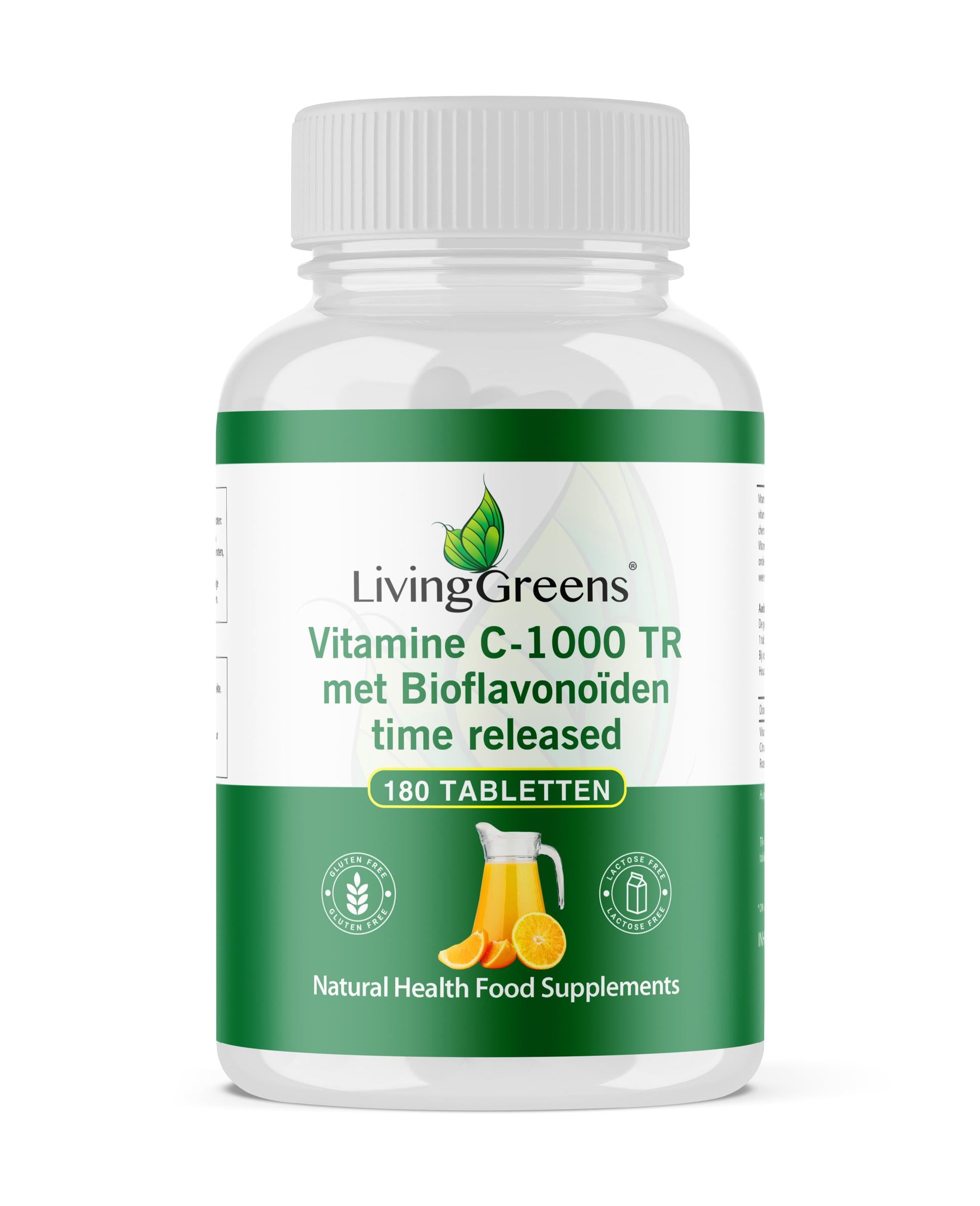 Livinggreens Vitamin C 1000mg tablets, natural supplement, 180-count bottle, showing tablets and packaging.