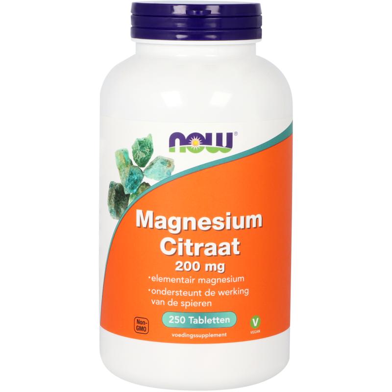NOW Magnesium Citraat 200 mg mineral tablets, showing a bottle of dietary supplement tablets with label visible.