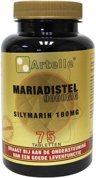 Artelle Mariadistel herbal supplement tablets showcasing the packaging and bottle with product details.