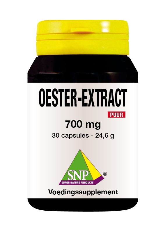 SNP Oester Extract 700 mg capsules, mineral supplement, 30 capsules in a white bottle with label showing product details