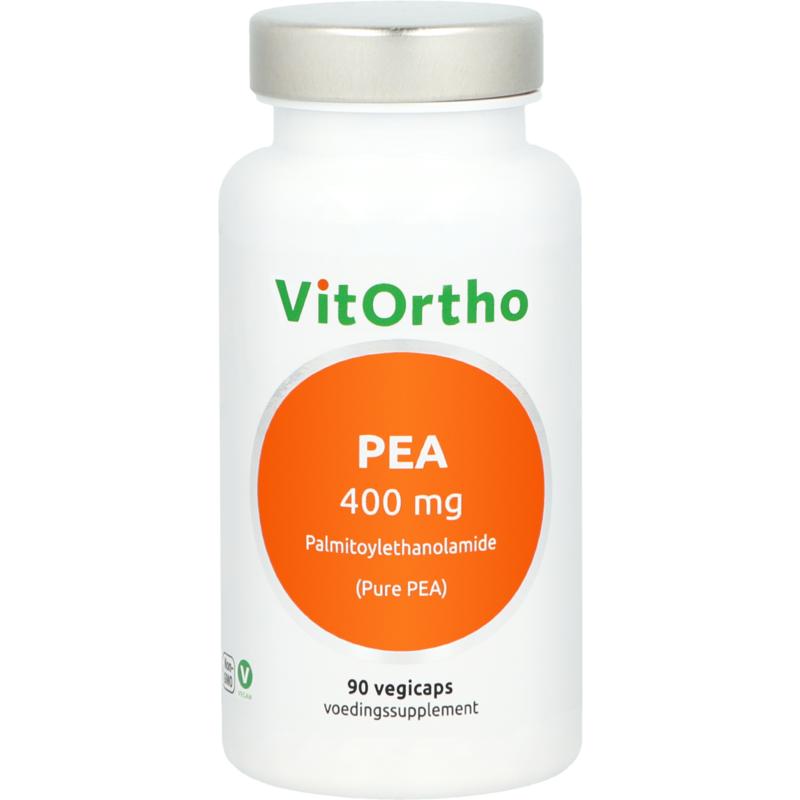 Vegetarian capsules of VitOrtho PEA 400 mg palmitoylethanolamide dietary supplement, shown in the image.