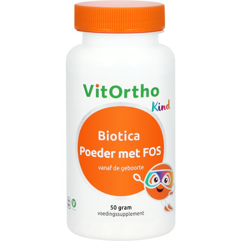 VitOrtho Biotica probiotic powder with FOS, 50g, containing beneficial micro-organisms for digestive health.