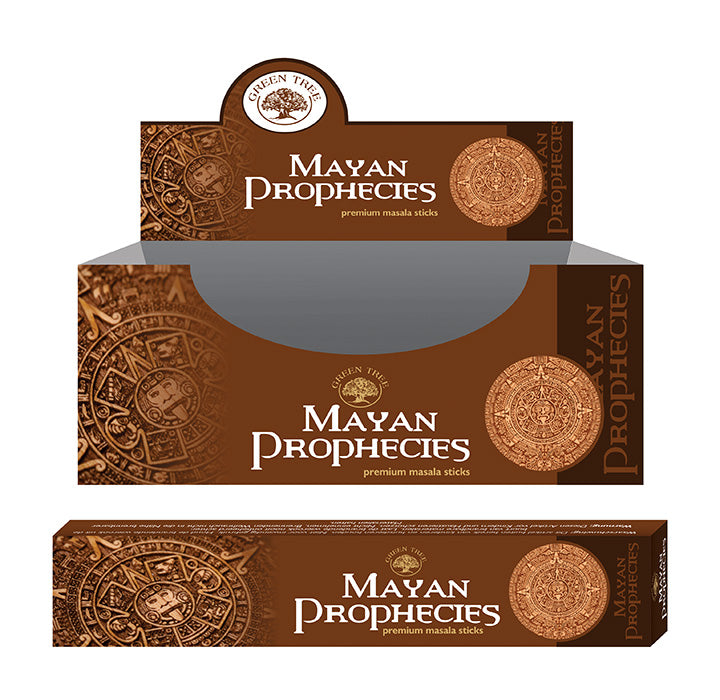 Green Tree Wierookstokjes Mayan prophecies incense sticks, 15 grams, with green packaging and traditional design.