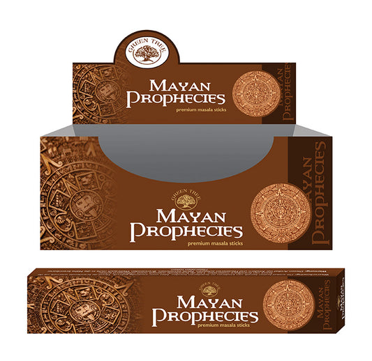 Green Tree Wierookstokjes Mayan prophecies incense sticks, 15 grams, with green packaging and traditional design.