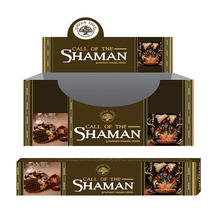 Green Tree Call of the Shaman incense sticks, 15 grams, with green packaging and aromatic incense sticks visible.