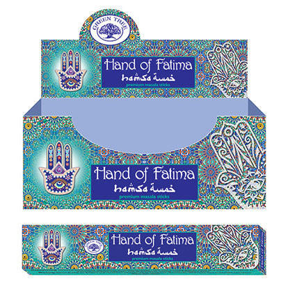 Green Tree Wierookstokjes hand of Fatima incense sticks, 15 grams, with green packaging and decorative hand of Fatima design.
