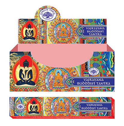 Green Tree Wierookstokjes Buddhist tantra incense sticks, 15 grams, with green packaging and aromatic scent visible.