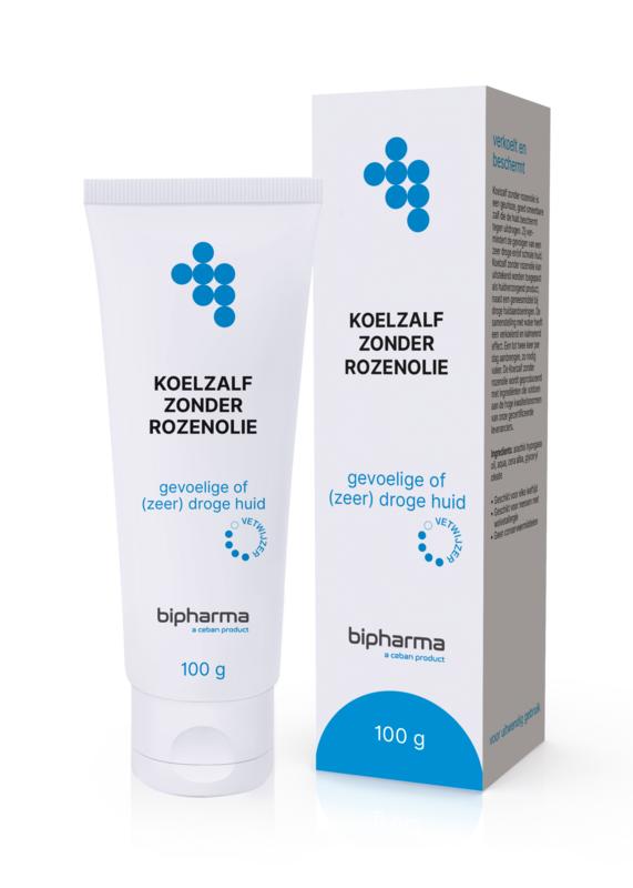 Bipharma Koelzalf zonder rozenolie 100g, lichaamsverzorging balm with soothing texture and natural ingredients, shown in the image.