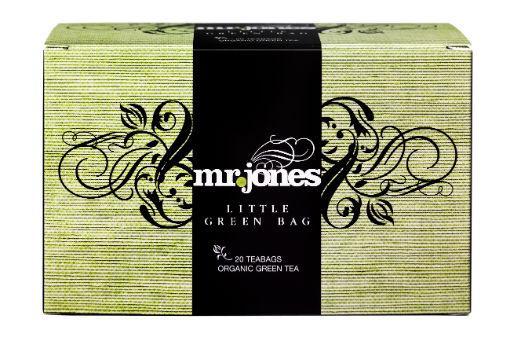 Mr. Jones Little Green Bag organic green tea in a box with 20 tea bags, natural and bio-friendly packaging.