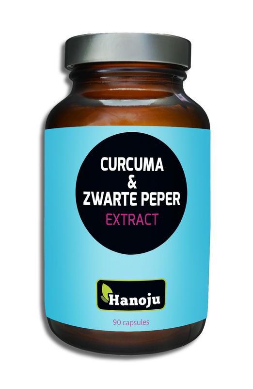 Hanoju Curcuma powder and black pepper extract capsules in a bottle, herbal supplement for wellness, 90 capsules.