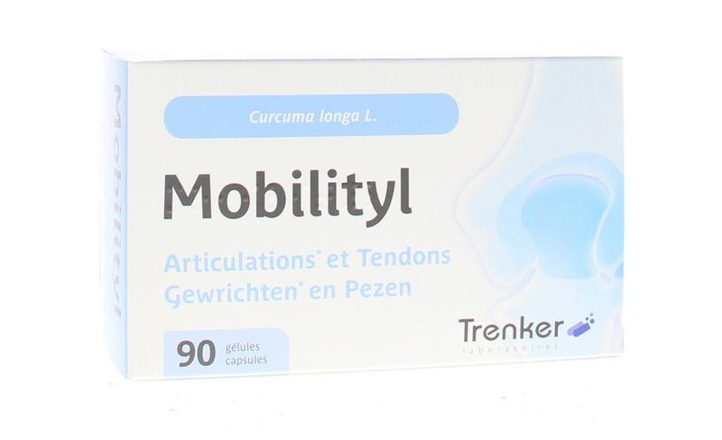Trenker Mobilityl 90 capsules of herbal supplements, showing the brown capsules in a clear container on a white background.