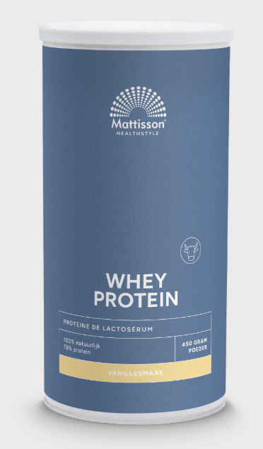 Container of Mattisson Wei whey protein concentrate in vanilla flavor, 450 grams, for sports nutrition and muscle recovery.