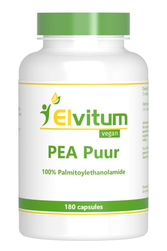 Elvitum Pea Pure vegetarian capsules, 180g, containing omega fatty acids, displayed in a clear container with capsules visible.