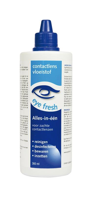 Eyefresh Alles-in-1 zachte contactlensvloeistof in 360 ml fles, optiek product voor zachte contactlenzen, helder en gebruiksklaar.