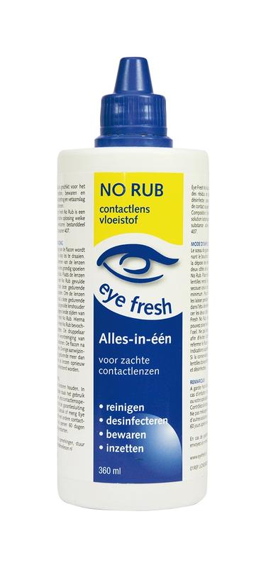 Eyefresh No Rub Alles-in-1 contactlens vloeistof in 360ml bottle, suitable for soft lenses, optiek product, clear liquid in bottle