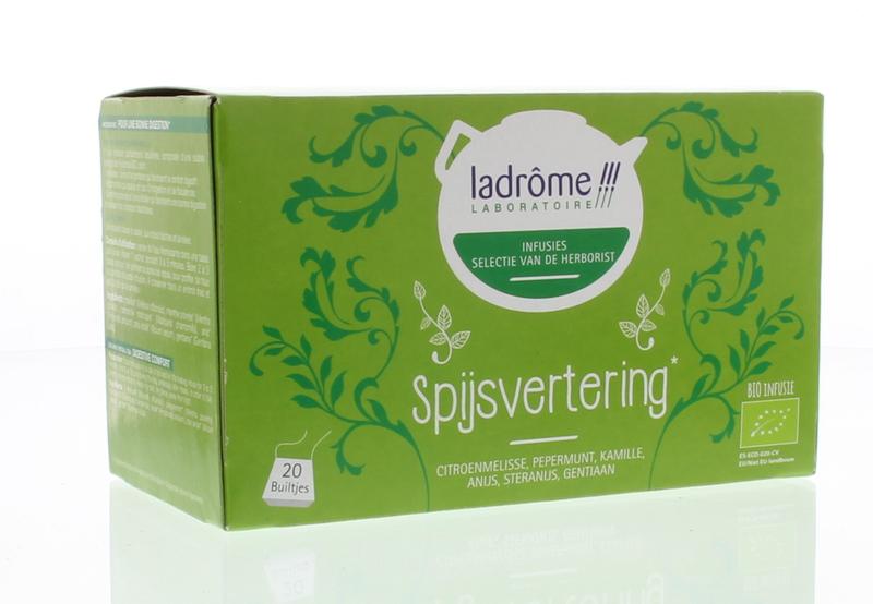 Ladrome organic digestive herbal tea in a box with 20 tea bags, 1.5 grams each, displayed with tea leaves and packaging.