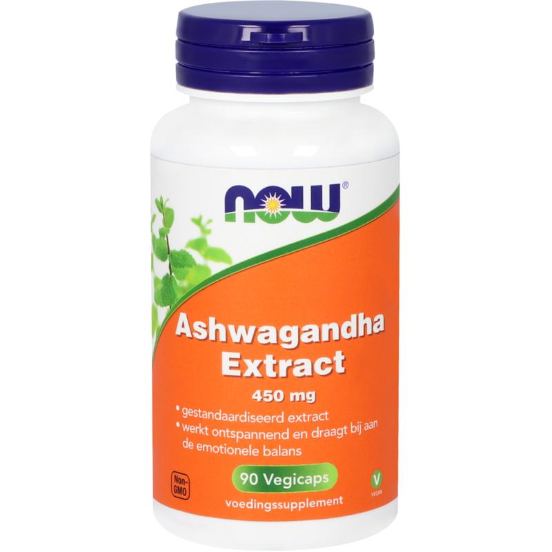 NOW Ashwagandha extract vegetarian capsules, 450mg, in a bottle, dietary supplement for stress and vitality.