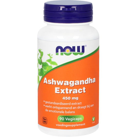 NOW Ashwagandha extract vegetarian capsules, 450mg, in a bottle, dietary supplement for stress and vitality.