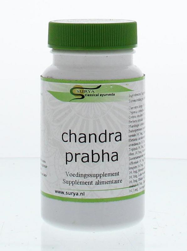 Surya Chandra Prabha 60 vegetarian herbal capsules in a clear bottle, showing the capsules inside.