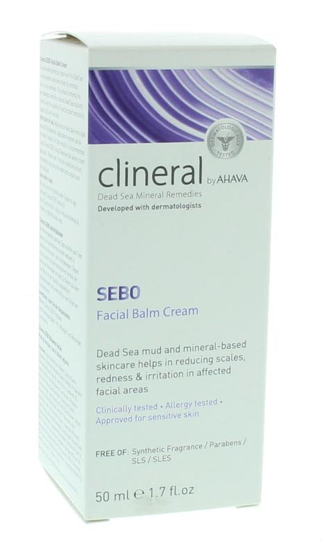 Ahava Clineral SEBO facial balm cream in 50ml jar, shown with smooth cream texture, for targeted facial skincare.