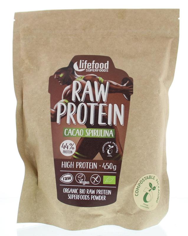 Lifefood raw cacao spirulina protein powder in 450g package, showcasing the natural superfood blend with cacao and spirulina.
