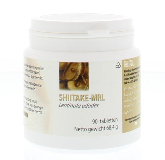 MRL Shiitake MRL 90 tablets, herbal supplement in bottle, showcasing the product packaging and tablets inside.