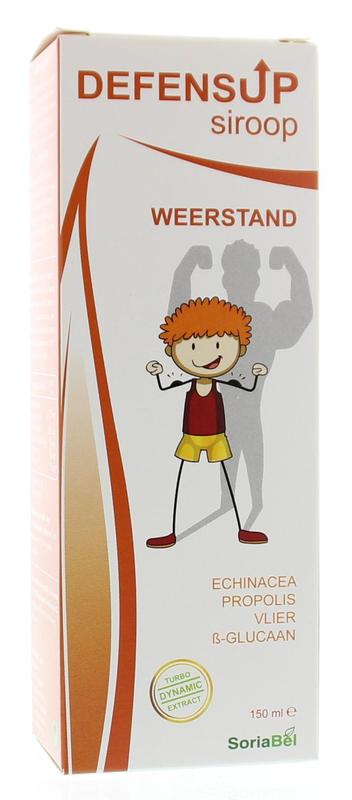SoriaBel Defensup siroop in 150ml bottle, herbal supplement with natural ingredients, shown in a clear glass with herbs and packaging