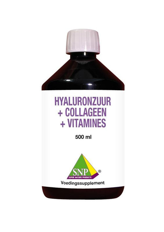 SNP Collageen, hyaluronzuur, vitamines aminozuren supplement in a 500ml bottle, shown with the product label and cap.