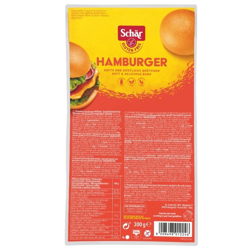 Glutenvrije Schar hamburgerbroodjes, 4 stuks, vers en zacht, geschikt voor sandwiches en burgers.