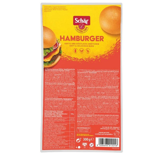Glutenvrije Schar hamburgerbroodjes, 4 stuks, vers en zacht, geschikt voor sandwiches en burgers.