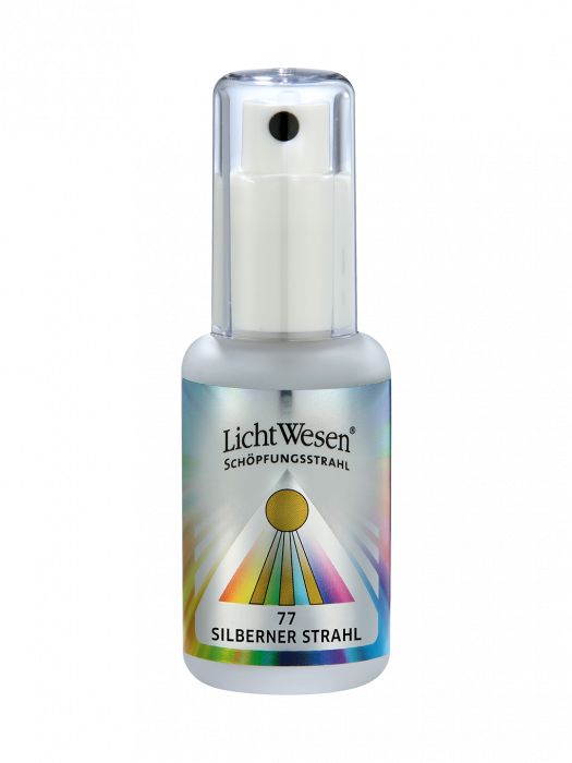 Lichtwesen Scheppingsstraal tinctuur zilver 77 in 30ml bottle, featuring silver accents, used for spiritual practices and rituals.
