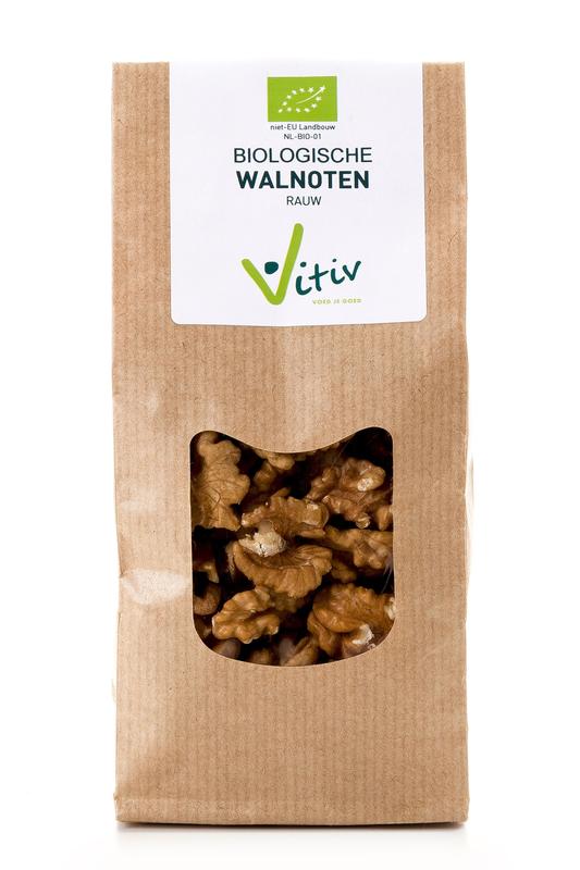Raw organic walnuts from Vitiv, 200g, superfoods product, close-up of shelled walnuts in a natural setting
