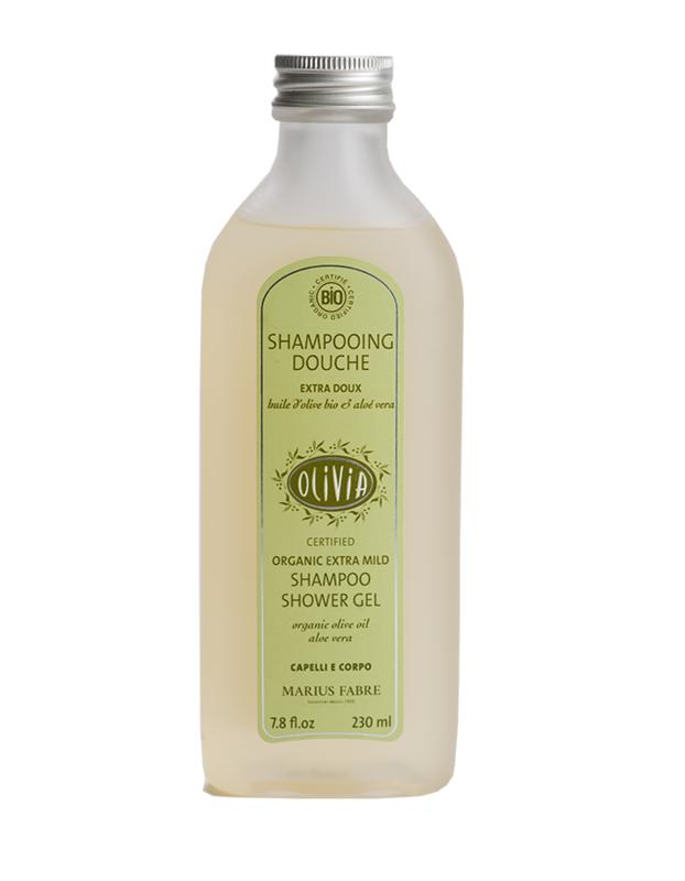 Marius Fabre Olivia shampoo and shower gel 230ml, dual-purpose bath and shower product with gentle cleansing formula.