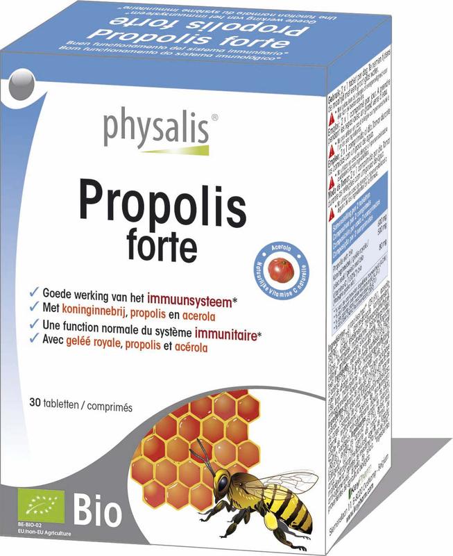 Physalis Propolis Forte bio 30 capsules, herbal supplement with propolis, displayed in a blister pack.