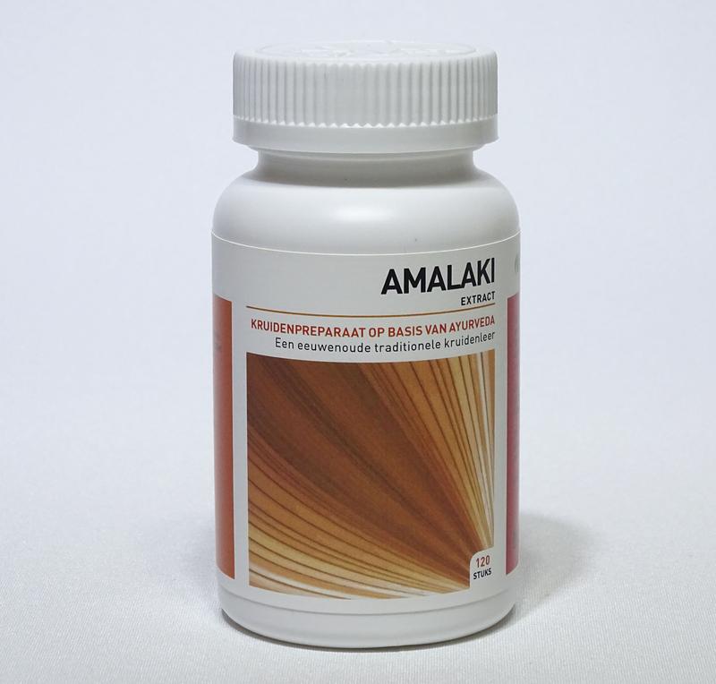Ayurveda Health Amalaki herbal supplement in a bottle with 120 tablets, traditional Ayurvedic Kruidenpreparaten product.