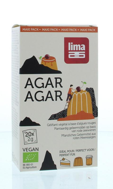 Lima bio agar agar maxi pack, 2 grams, in a package with multiple sachets, used for sauces and flavoring in cooking.