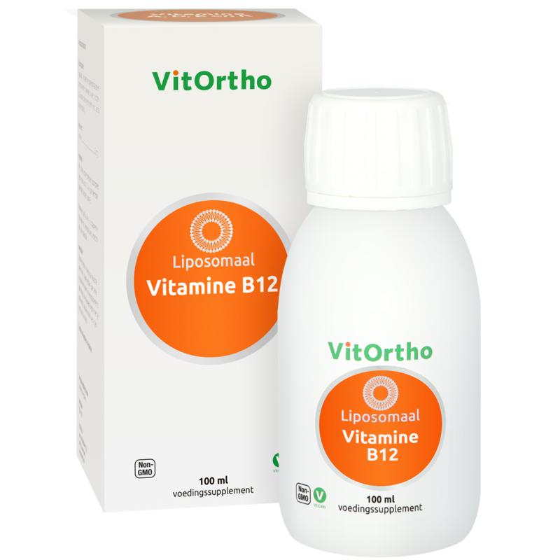 Bottle of VitOrtho Vitamin B12 liposomal supplement in a 100ml container, featuring a label with the VitOrtho brand and product details.