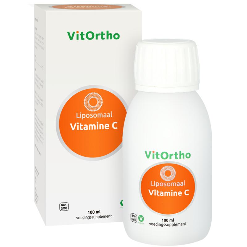Bottle of VitOrtho Vitamin C liposomal supplement in 100ml bottle, showing the label and packaging.