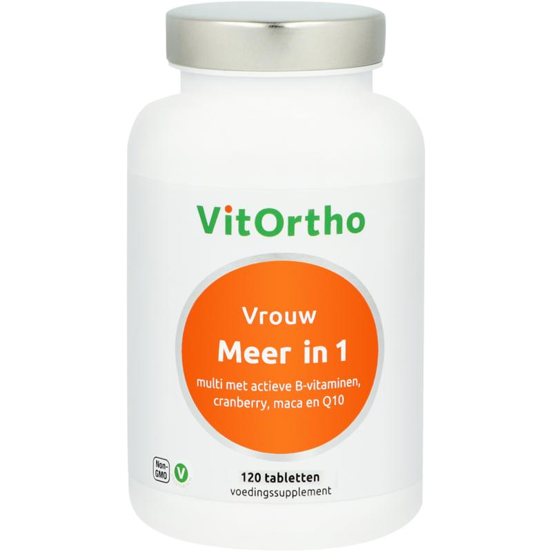 VitOrtho Meer in 1 vrouw multivitamine tablet pack for women, showing 120 tablets in the bottle.